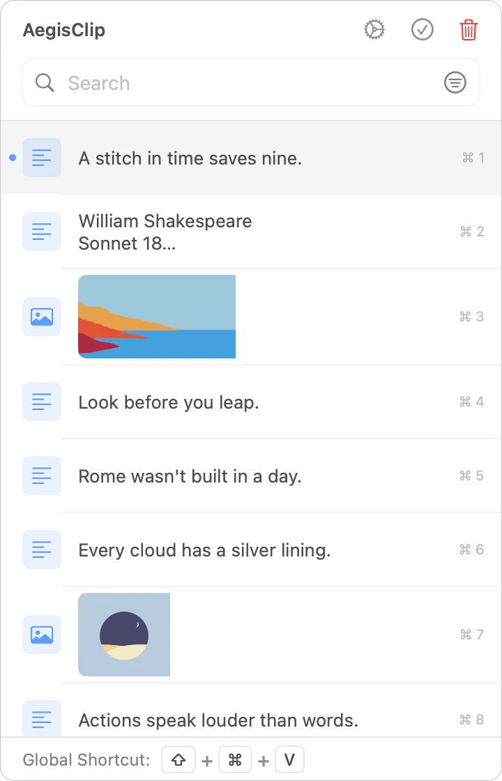 AegisClip’s native clipboard window with search, text and image history, and keyboard shortcuts.