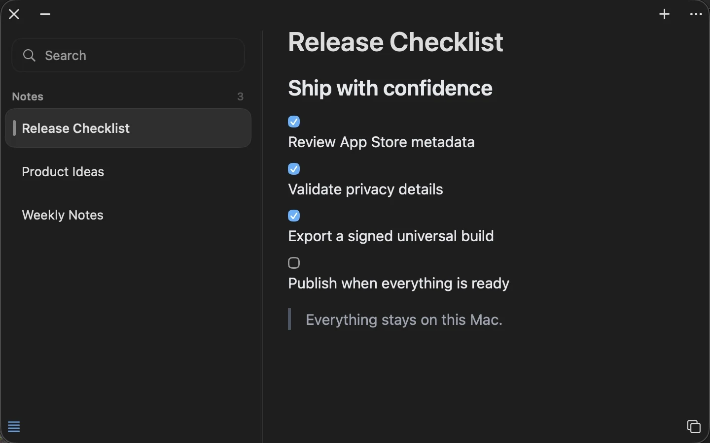 PINote’s native notes window with a note list, Markdown text and a checklist.