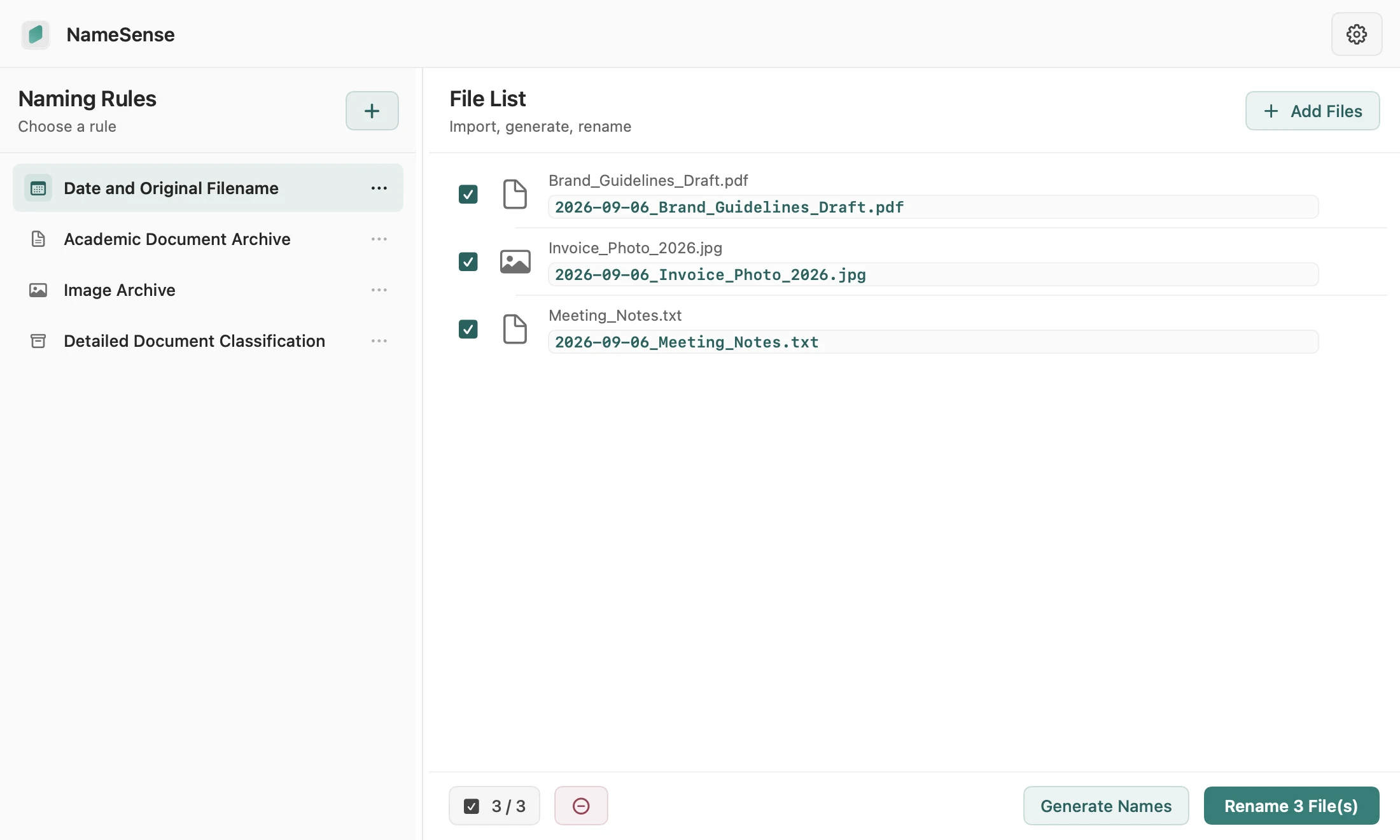 NameSense workspace with reusable rules and original filenames alongside rename previews